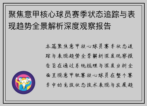 聚焦意甲核心球员赛季状态追踪与表现趋势全景解析深度观察报告